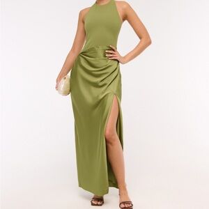 Abercrombie & Fitch Olive Green mixed fabric halter maxi dress